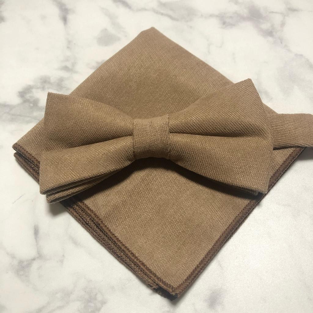 Beige [Bow Tie & Pocket Square] 2-Piece Set, Plain, Men's, One-Touch, Formal, Wedding, After-Party
