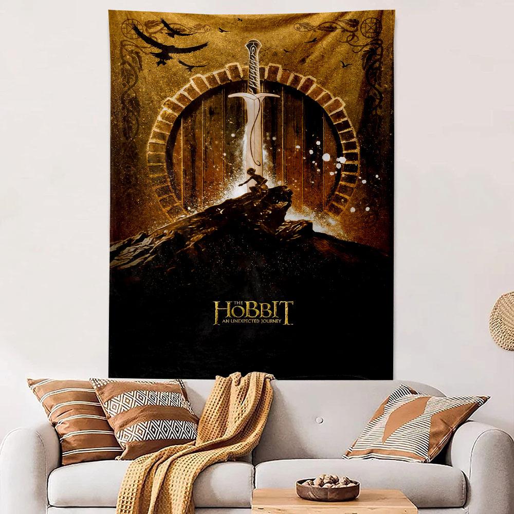 A sword piercing a glowing doorway with a figure atop a rocky hill. Patterned tapestry for bedroom and living room home decor