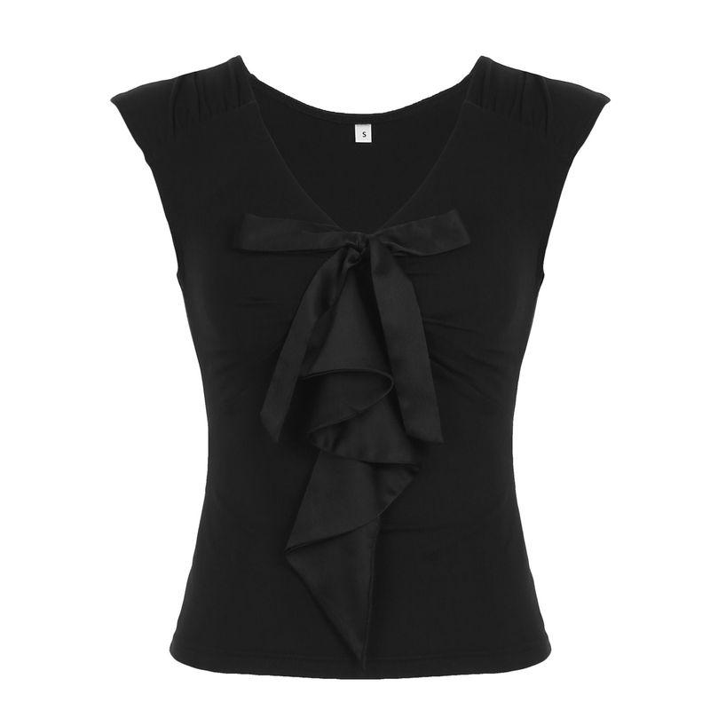 

Eilove French Style Ribbon Bowknot V-neck Short-Sleeved T-shirt for Women Ruched Silm Short Retro Sexy Black Tops Black L