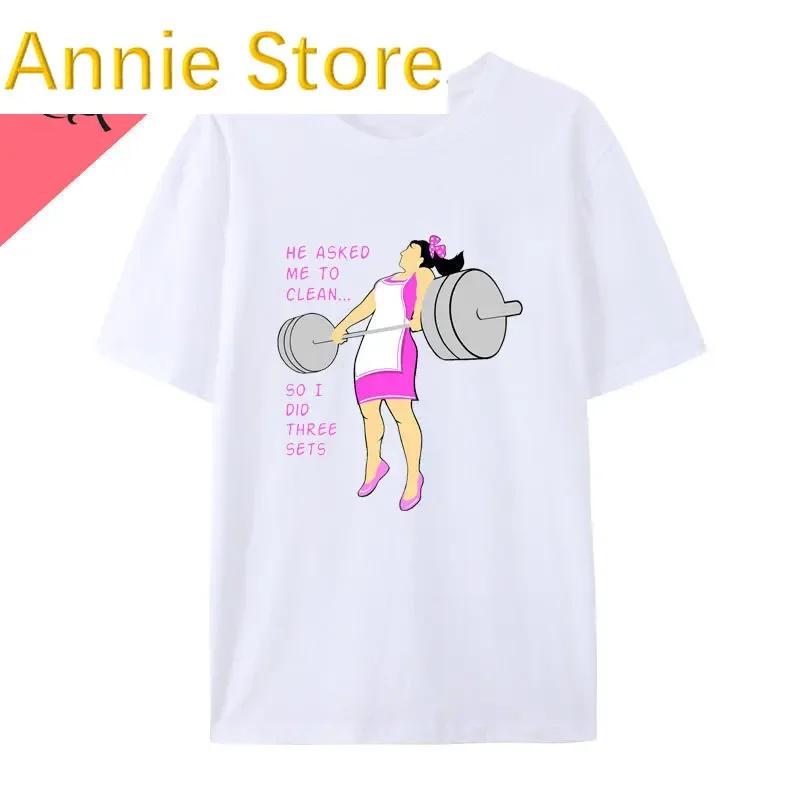 Funny Gym Barbell Girl El mi-a cerut să curăț, așa că am făcut trei seturi Tricou Otaku Top cu mânecă scurtă Femei Tricouri grafice minunate