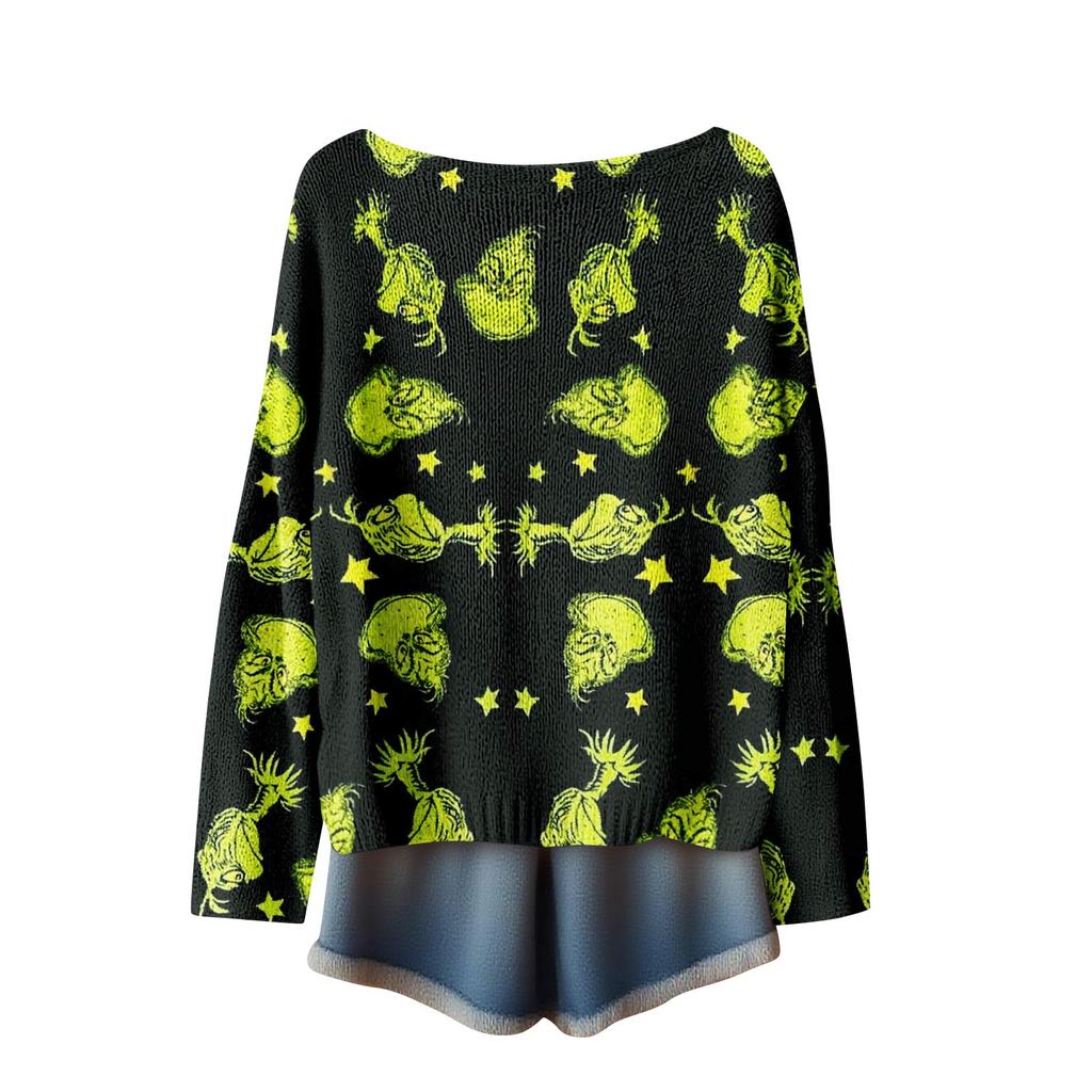 Women's Fashion Long Sleeve Christmas Print Knitted Long Sleeve Lined Long Sleeve