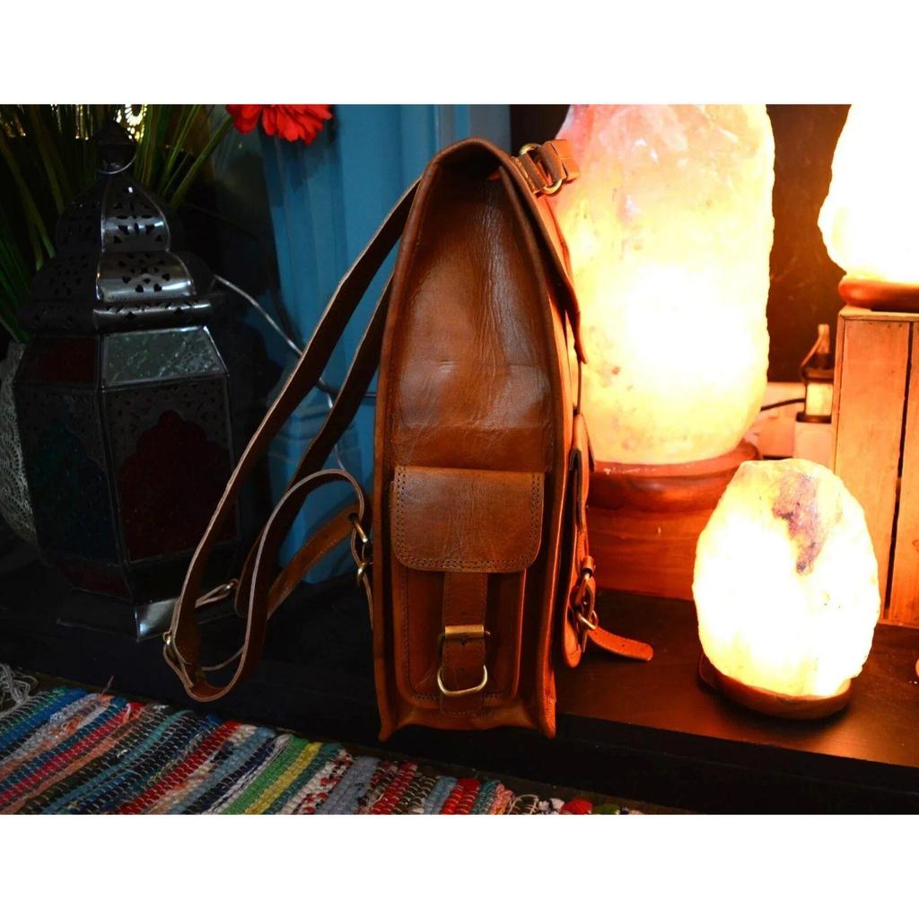 Goat Leather Bag Backpack Laptop Rucksack Vintage Travel Brown Genuine Men's New