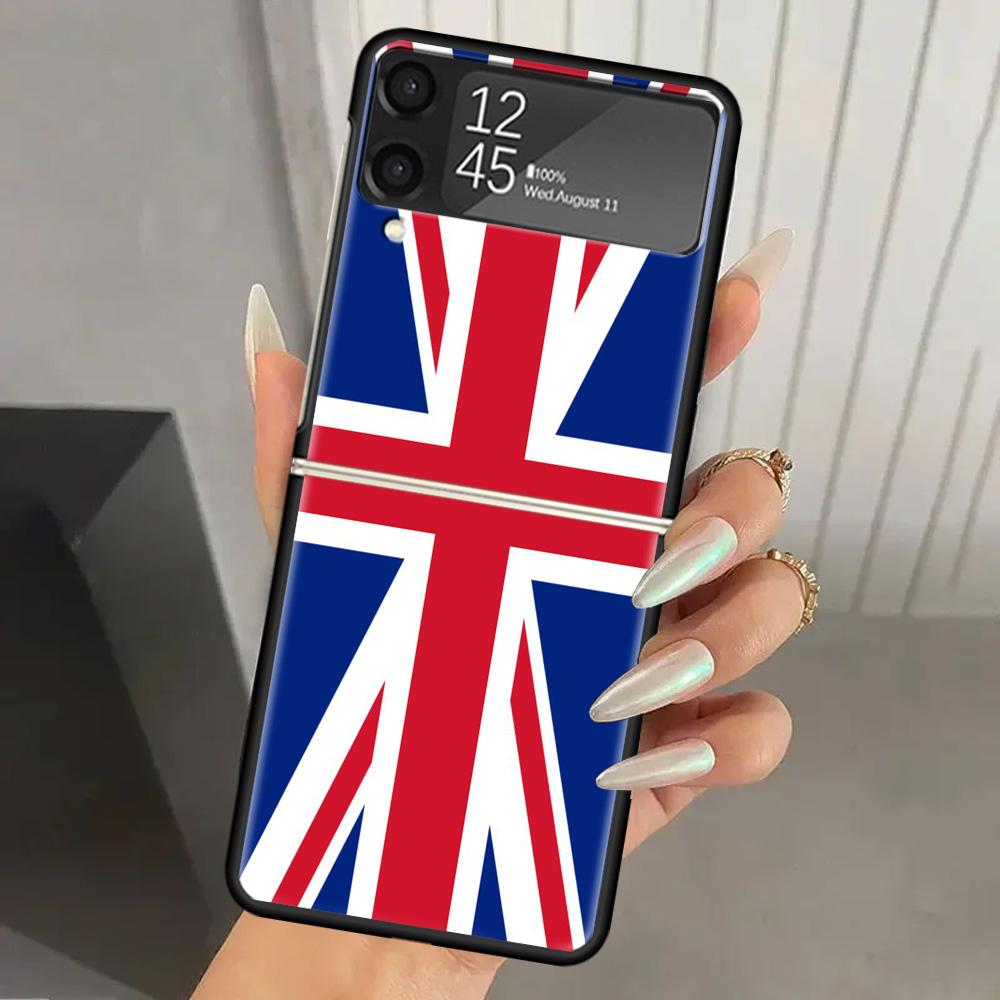Union Jack England UK Flag Hard PC Phone Case For Samsung Galaxy Z Flip 7 6 5 4 3 Black ZFlip7 ZFlip6 Flip5 Flip4 Flip3 5G Print