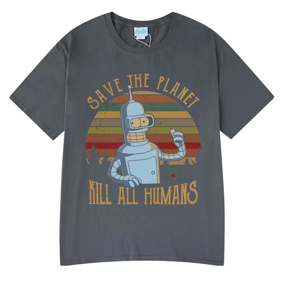 Save The Planet Kill All Humans Funny Robot Graphic T Shirt Men Women Clothing Short Sleeve T-shirts Oversized Cotton Shirts