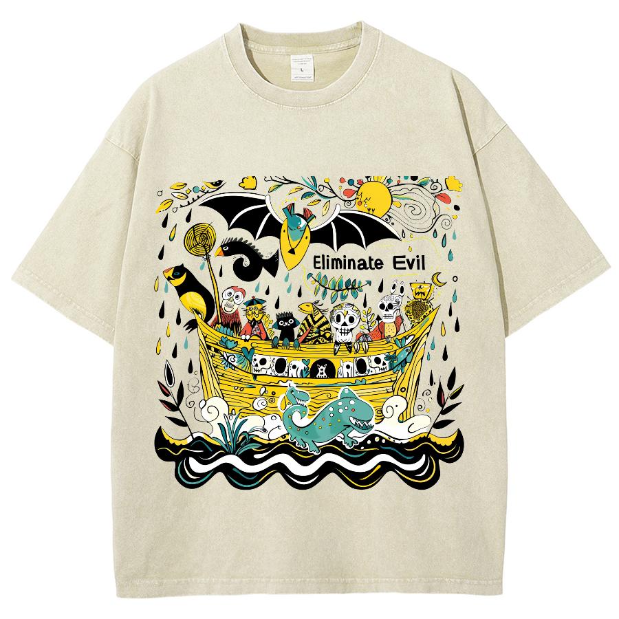 Yellow Cartoon Graphic Print Women Washed T-Shirt Oversized Loose Cotton Comfortable Short Sleeves Design Teen Tee