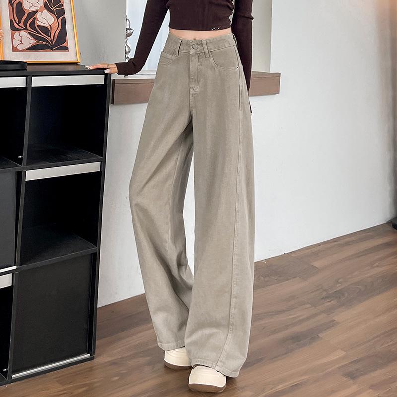 Women s Plus Velvet Wide-Leg High-Waisted Grey Jeans - Autumn/Winter Slimming Drape Pants S