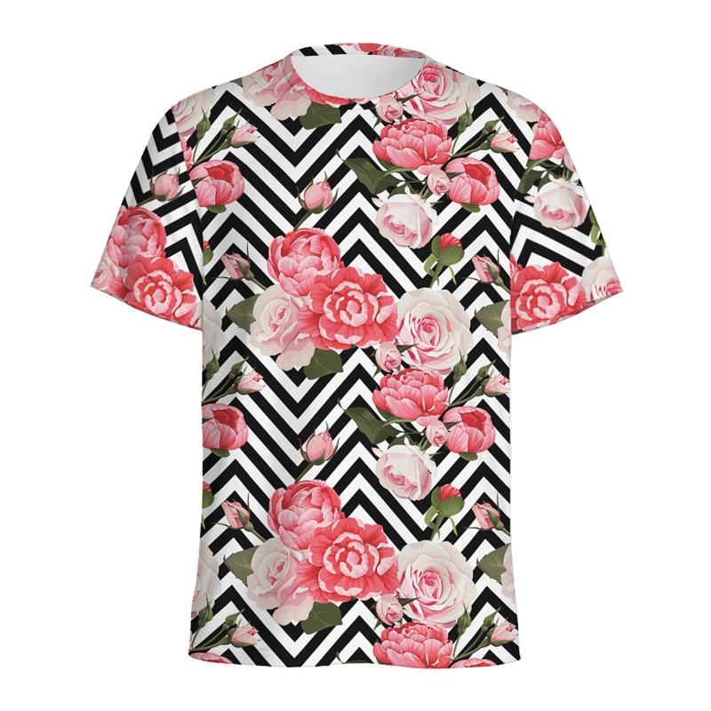 Sommer Rundhals 3D Pfingstrose Blume Totenkopf Muster Bedrucktes Top Modisch Lässig Kurzärmelig Kinder Jungen T-Shirts