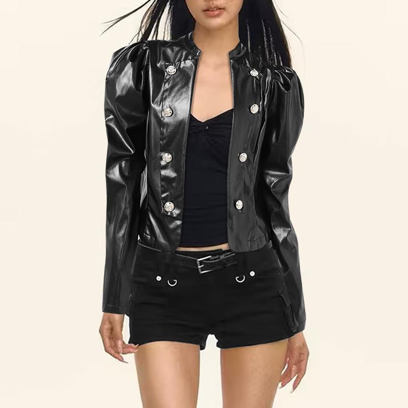 

VONDA Autumn Women Long Sleeve Double Breasted PU Leather Cropped Jackets Coats S