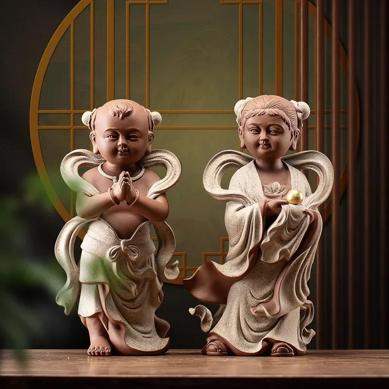 2PCS Ceramic Golden Boy and Jade Girl Ornament Traditional Chinese Feng Shui Lucky Crafts Living Room Accessories Gifts