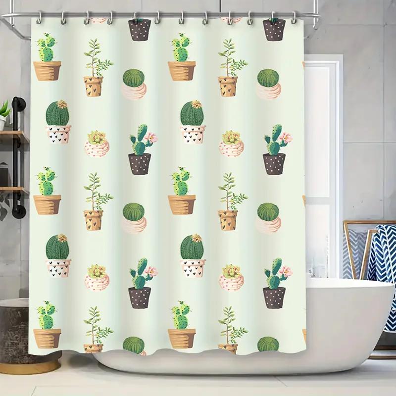 

Minimalist Green Wall Decor Shower Curtain Set for Bathroom, featuring cute cacti designs in various pots Size: 69 x 70, Style: W90xH180cm