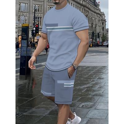 Herren-Outfit, lässiges, gestreiftes T-Shirt mit Rundhalsausschnitt und kurzen Ärmeln, 2-teiliges Set für Outdoor-Aktivitäten im Sommer