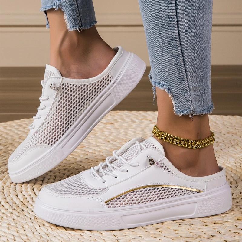 MAEDEF Women's Versatile White Shoes Thin Breathable Mesh Shoes Sandals White Outdoor Female Flat-bottomed Baotou Half Slippers