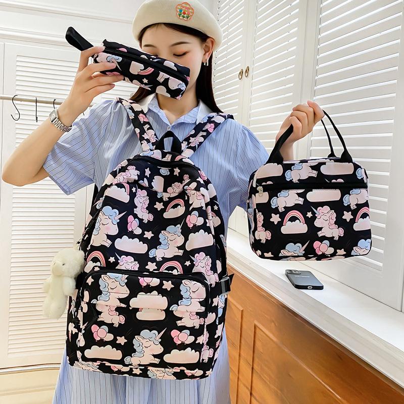 School bag new fashion nylon school bag for primary and secondary school students to reduce the burden, large capacity three-piece set