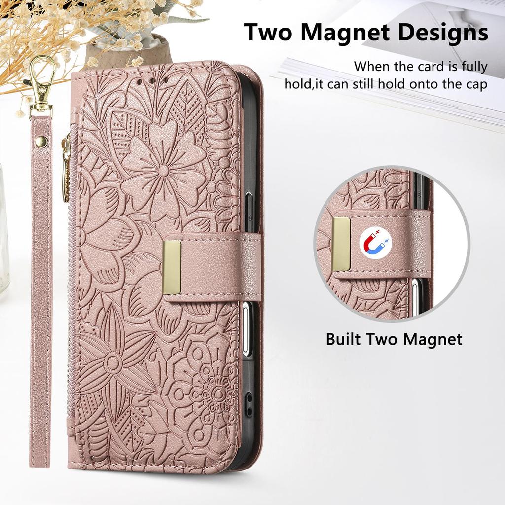 Floral Embossed Leather Wallet Flip Case for OPPO A6 A6X A6T A6S A6C A5 A5X A3 A3X A1 Pro 4G 5G Card Slots and Wrist Strap Cover