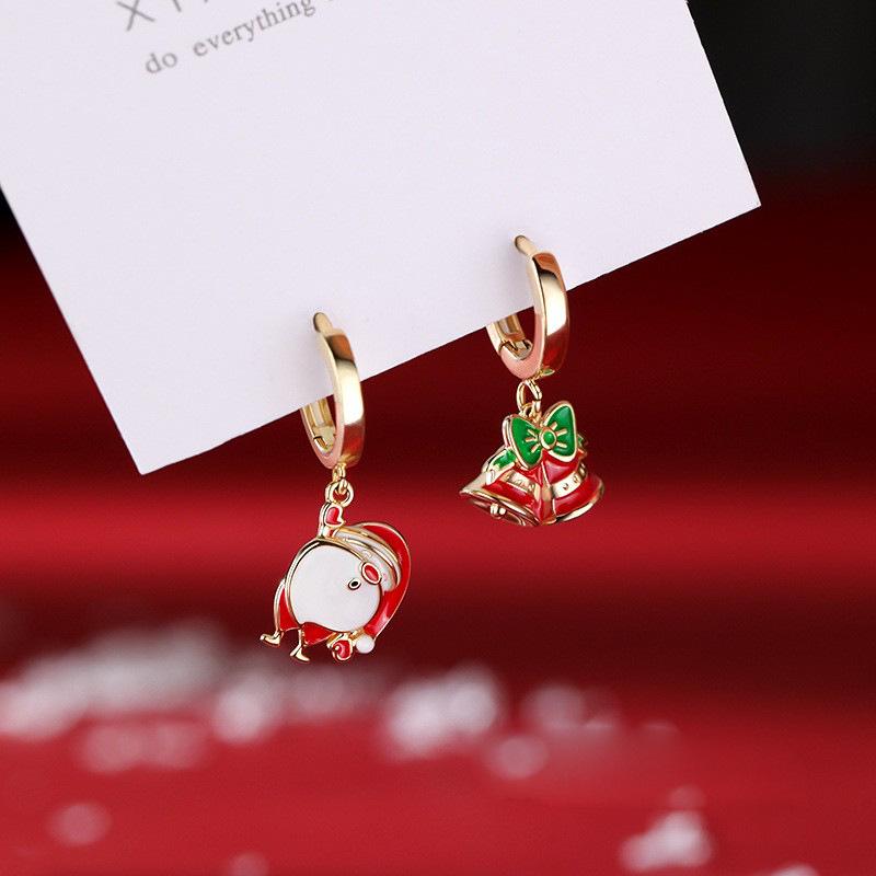 925 Sterling Silver Asymmetrical Santa Claus Christmas Bell Hoop Earrings - 2021 Trendy Autumn Winter Studs for Women