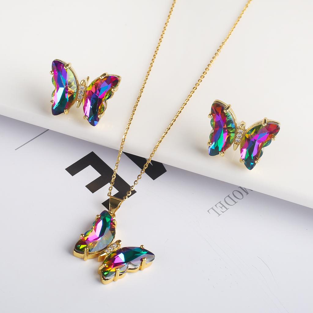 2PC Crystal Transparent Butterfly Pendant Necklace Earrings Jewelry Set Women's Luxury Gold Plated High Quality Gift