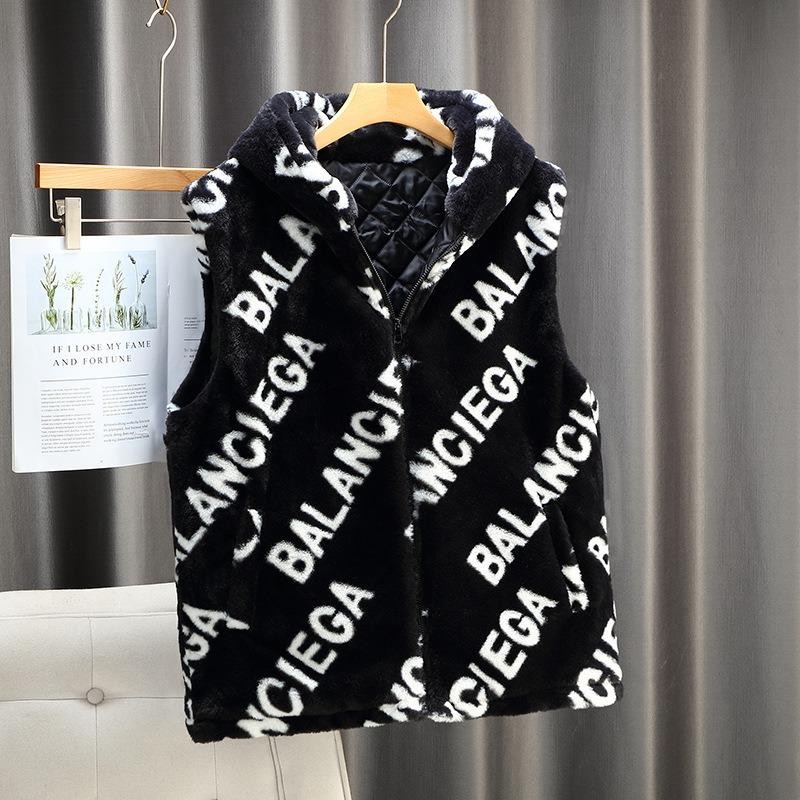 Chessboard plush vest trendy men's winter couple's cotton thickened sleeveless hooded jacket vest student vest