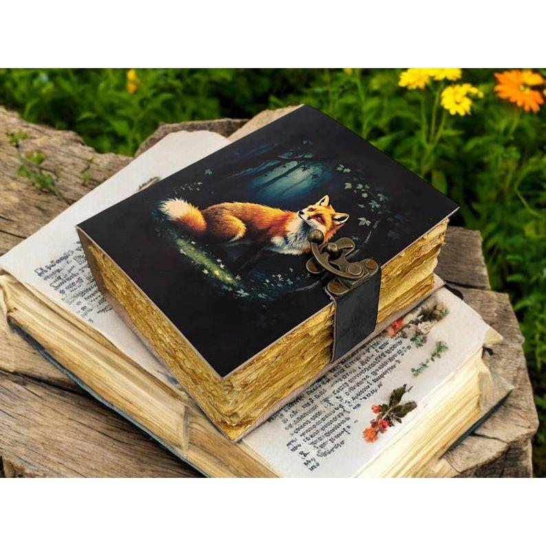Grimoire Fox Leather Journal for Women Notebook Blank Spell Book of Shadows Fat Journal - Vintage Paper Handmade Journal
