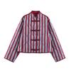 Womens Winter Striped Knotted Button Long Sleeve Slim Fit Cotton Jacket
