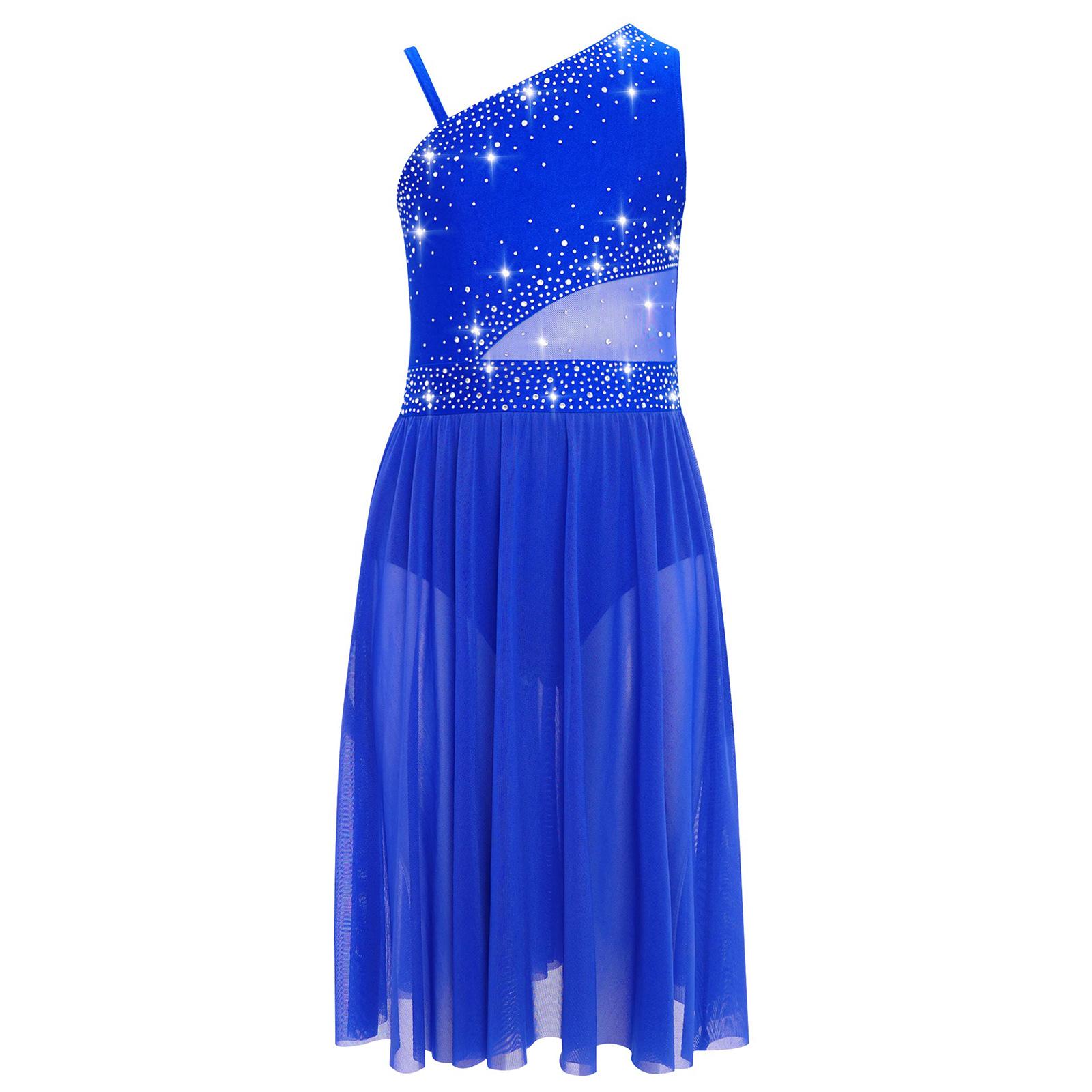 

Костюм для ліричного танцю для дівчинки Сукня на одне плече без рукавів з прозорою сіткою на талії та блискучими стразами Сукня для фігурного катання 9-10 Years королівський синій колір
