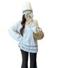 Women's 270g Thermal Fleece V-Neck Top with Lace Trim, Loose-Fit for Layering in Autumn/Winter