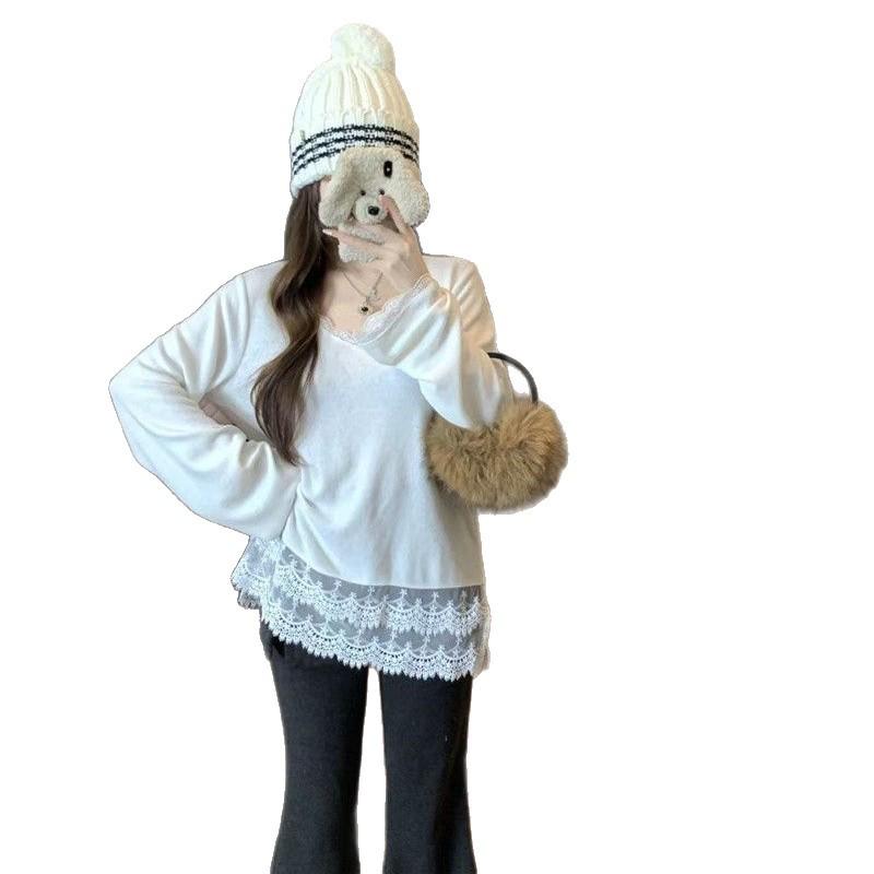 Women's 270g Thermal Fleece V-Neck Top with Lace Trim, Loose-Fit for Layering in Autumn/Winter