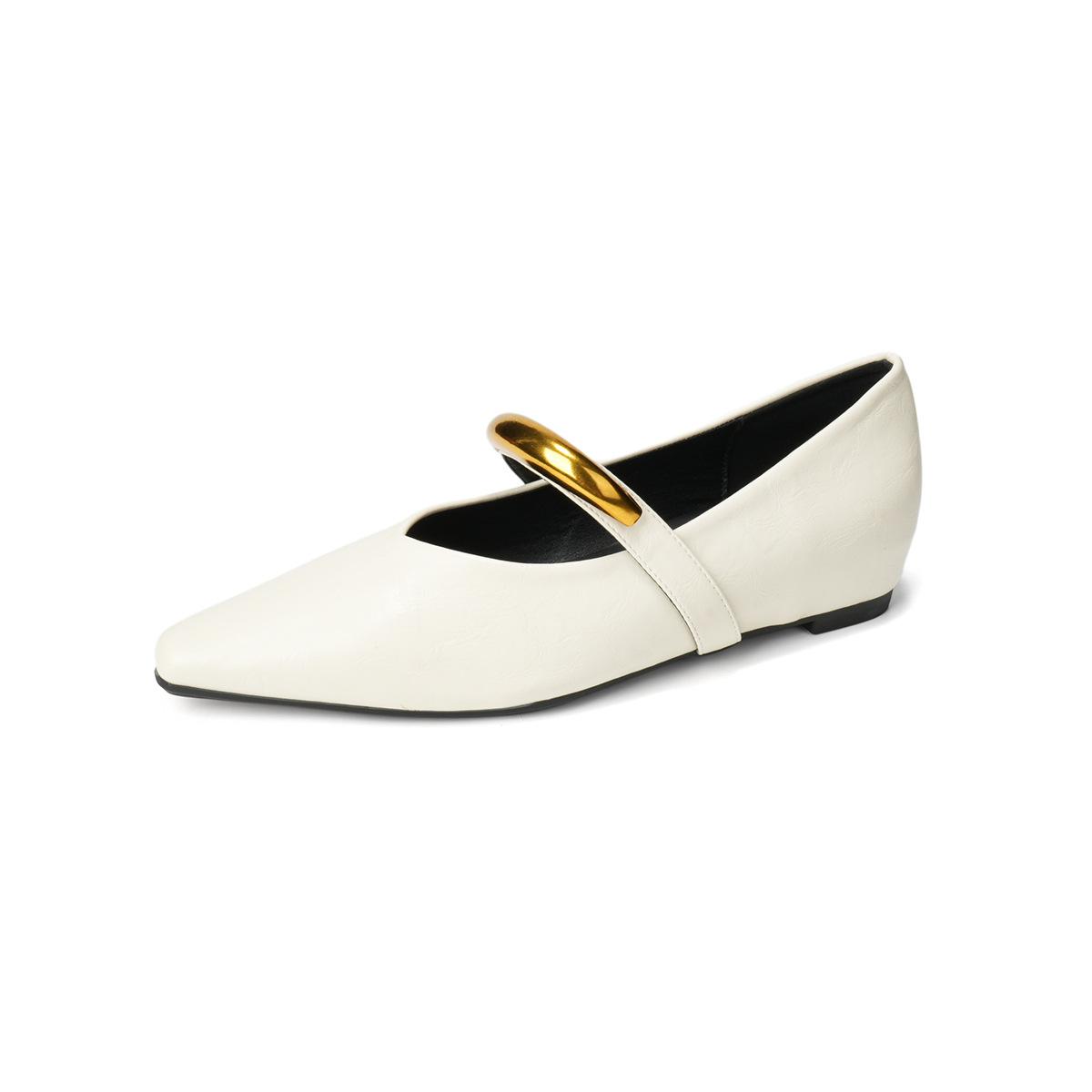 

Weiwei girl 277-1 French retro pointed single shoes women s flat bottom shallow mouth inner height increase metal buckle Mary Jane shoes 43 бежевый