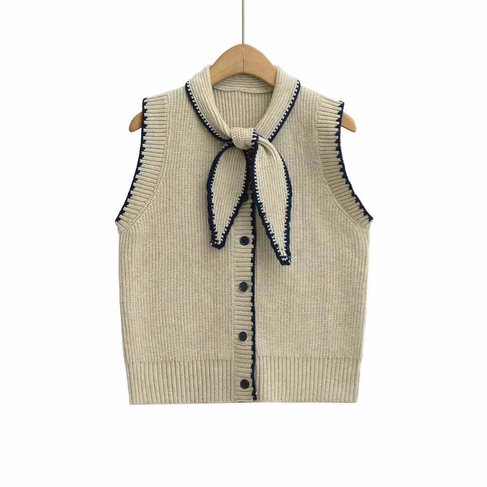 

Spring 2025 Women s Sweet Bow-Collar Slim Crochet Vest Small хаки