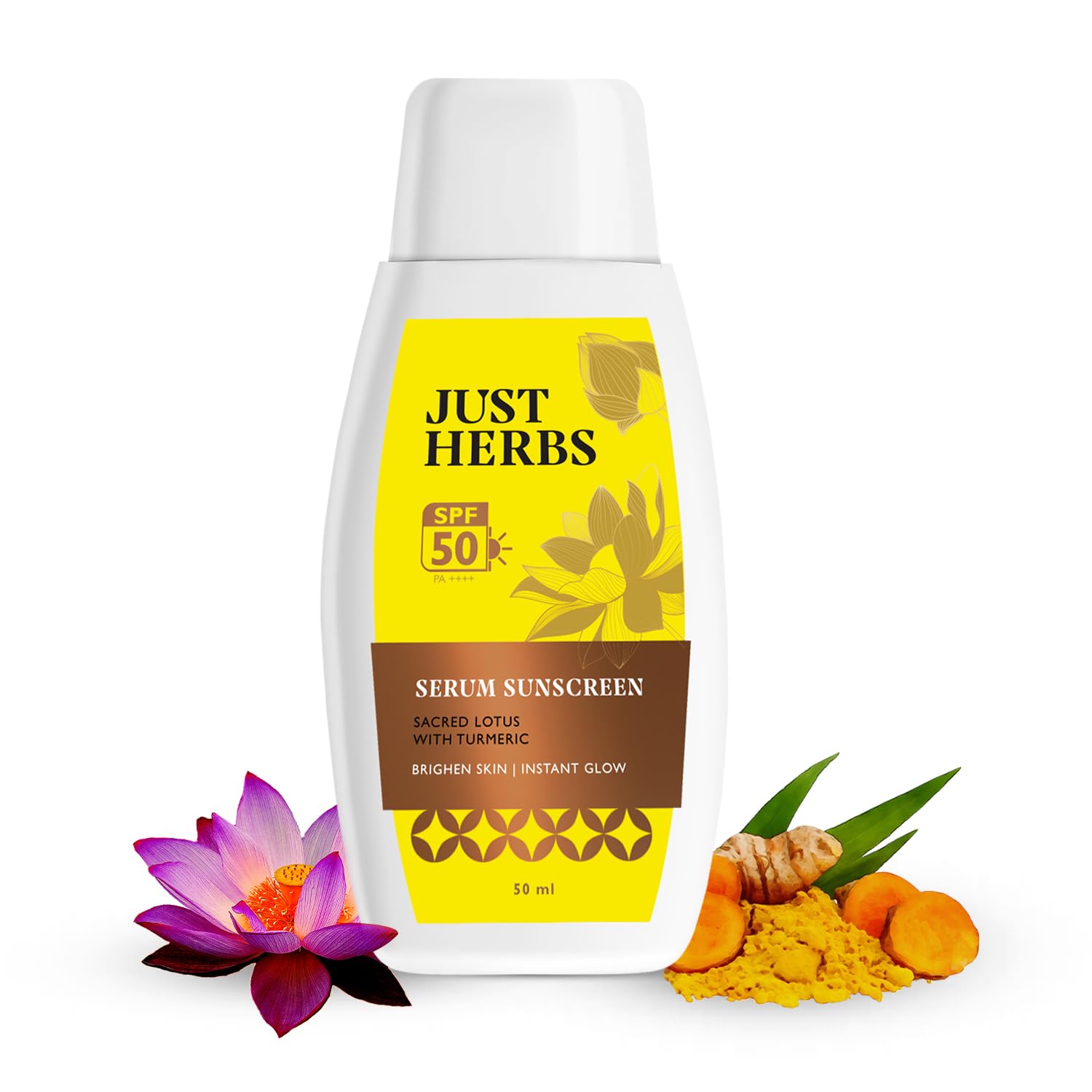 Just Herbs 2-in-1 Serum Sunscreen | SPF 50 PA++++ | Broad Spectrum UVA/B & Blue Light Protection | No White Cast | Brightens & Protects | Turmeri