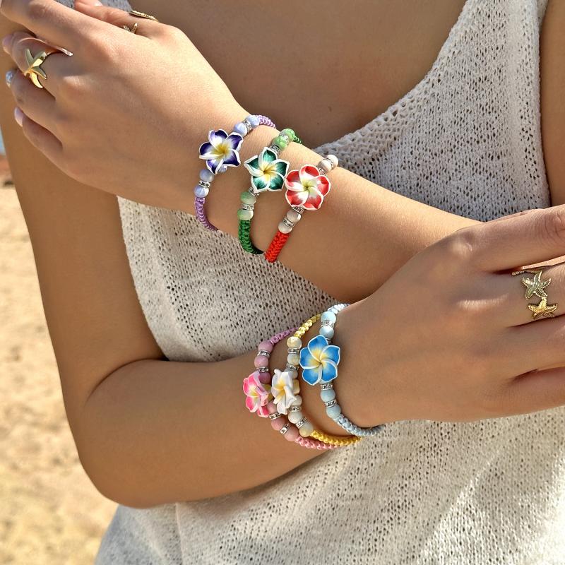 Bohemian Big Flower Charm Bracelets For Women Elegant Resort Style Soft Clay Pottery Beaded Bangles Girls Party Jewelry