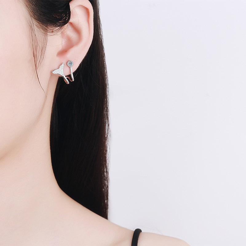S925 Sterling Silver Earrings Female Plated Pt950 Little Mermaid Tail Micro -Mosaic Mossan Stone Earrings Earrings