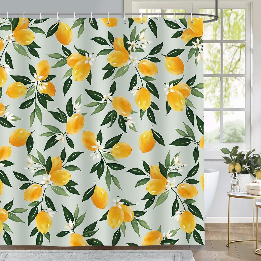 Zitronen Duschvorhang, Allover Frucht Grüne Blätter Badezimmer Vorhang Polyester Stoff Wasserdicht Bad Vorhang