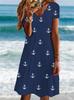 Women Short Sleeve V‑Neck A‑Line Midi Dress Anchor Print Casual Loose Summer Plus Size Beach Dress