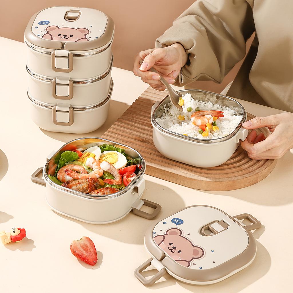 WORTHBUY Multi-Layer 304 Stainless Steel Bento Lunch Box For Kids Student School Portable Leak-proof Food Contianer With Spoon