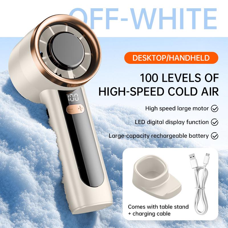 

New Mini Rechargeable Handheld Fan with High-Speed Wind & Digital Display for Desktop and Portable Use With Base + Data Cable білий