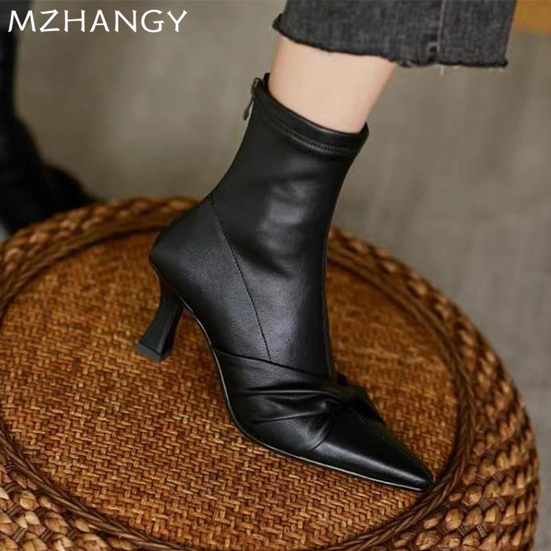 Fashion High Heels Women Ankle Boots Leather Shoes Designer Sexy Pointed Toe Shoes Women 2024 Trend Snow Boots Pumps Elegant Mujer Botas