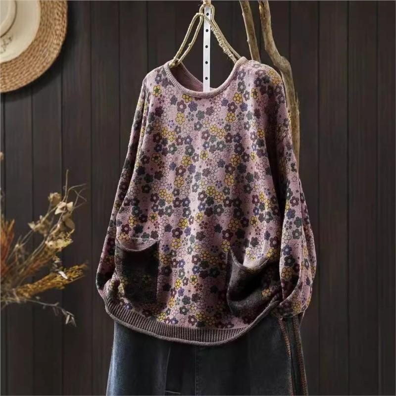 

Женский осенний китайский стиль винтажный принт O-образный вырез свободный свитер модный повседневный длинный рукав повседневный свитер One Size розовый