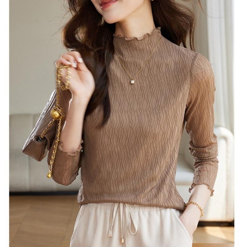 Undercover Shirt with Women's Lace Half High Collar Long Sleeved T-shirt Top for Autumn and Winter