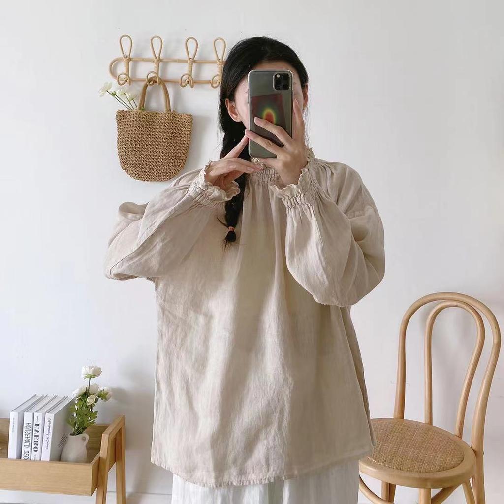 Johnature Linen Simple Women Tops Shirts Autumn Solid Color Loose Pullover Ruffles Sleeve Female Blouses