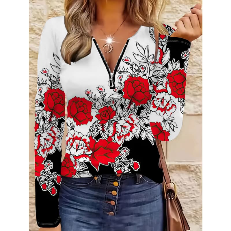 T-shirt da donna con stampa creativa, zip e maniche lunghe, traspirante, morbida e confortevole, adatta per l'abbigliamento casual tutto l'anno