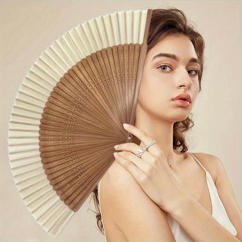 1pc Retro Bamboo Folding Fan, Portable Summer Handheld Fan, Heart-shaped Origami Fan with Wooden Frame and White Paper Blades.