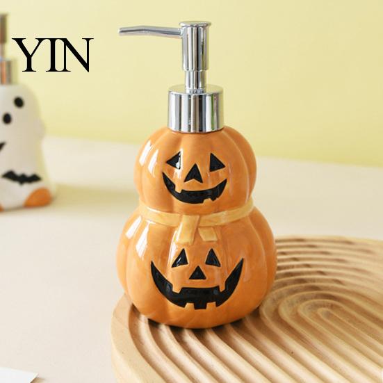 Spooky Soap Dispenser Halloween Ceramic Ghost Dispenser, with Stainless Steel Pump, Pumpkin Refillable Pump Bottle Liquid Hand Container, Empty Shower