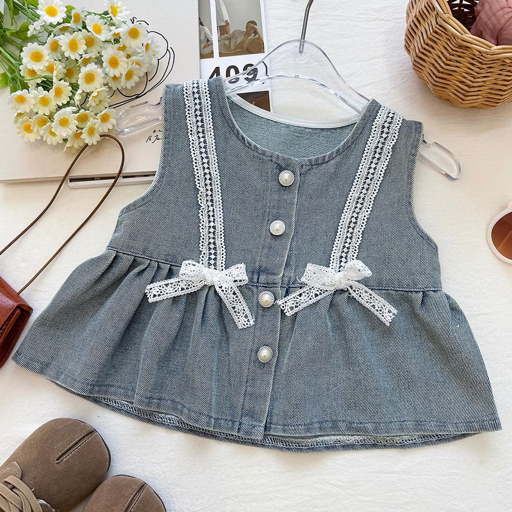 Toddler & Girls' Sleeveless Denim Lace Bow Vest & Wide-Leg Pants Set - Summer 2026 New Style