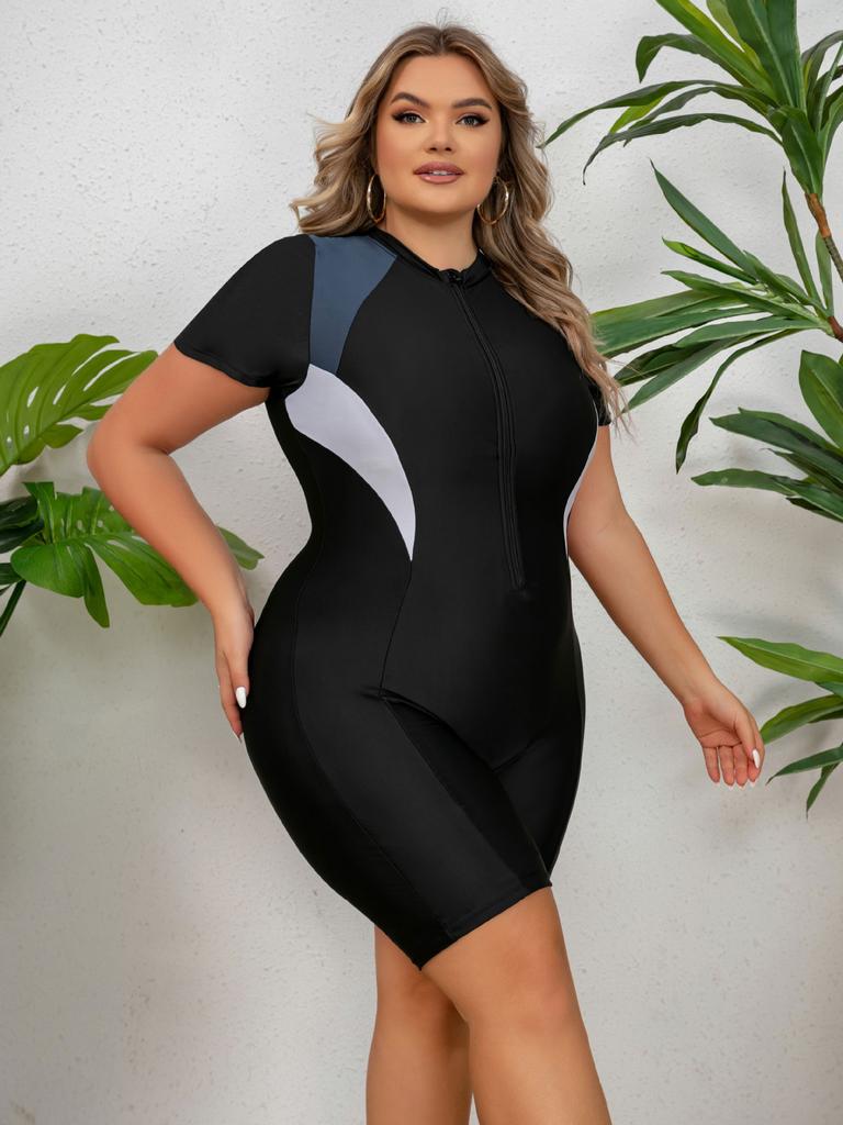 Fat Large Size One Piece Zippered Sports Swimsuit Women's Short Sleeved Surfing Suit Flat Angle Jellyfish Suit Snorkeling Suit