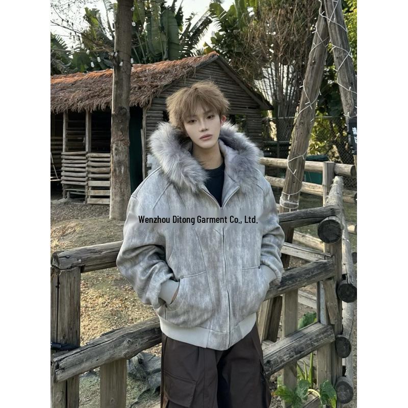 Unisex American Design Ink-Dyed Hooded Jacket with Fur Collar and Cotton Padding for 2025 Autumn/Winter.