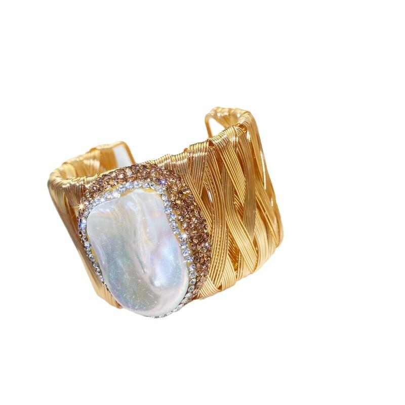 Natural Baroque Pearl Bracelet Women 18K Gold Plated Chunky Statement Cuff Jewelry Vintage Style