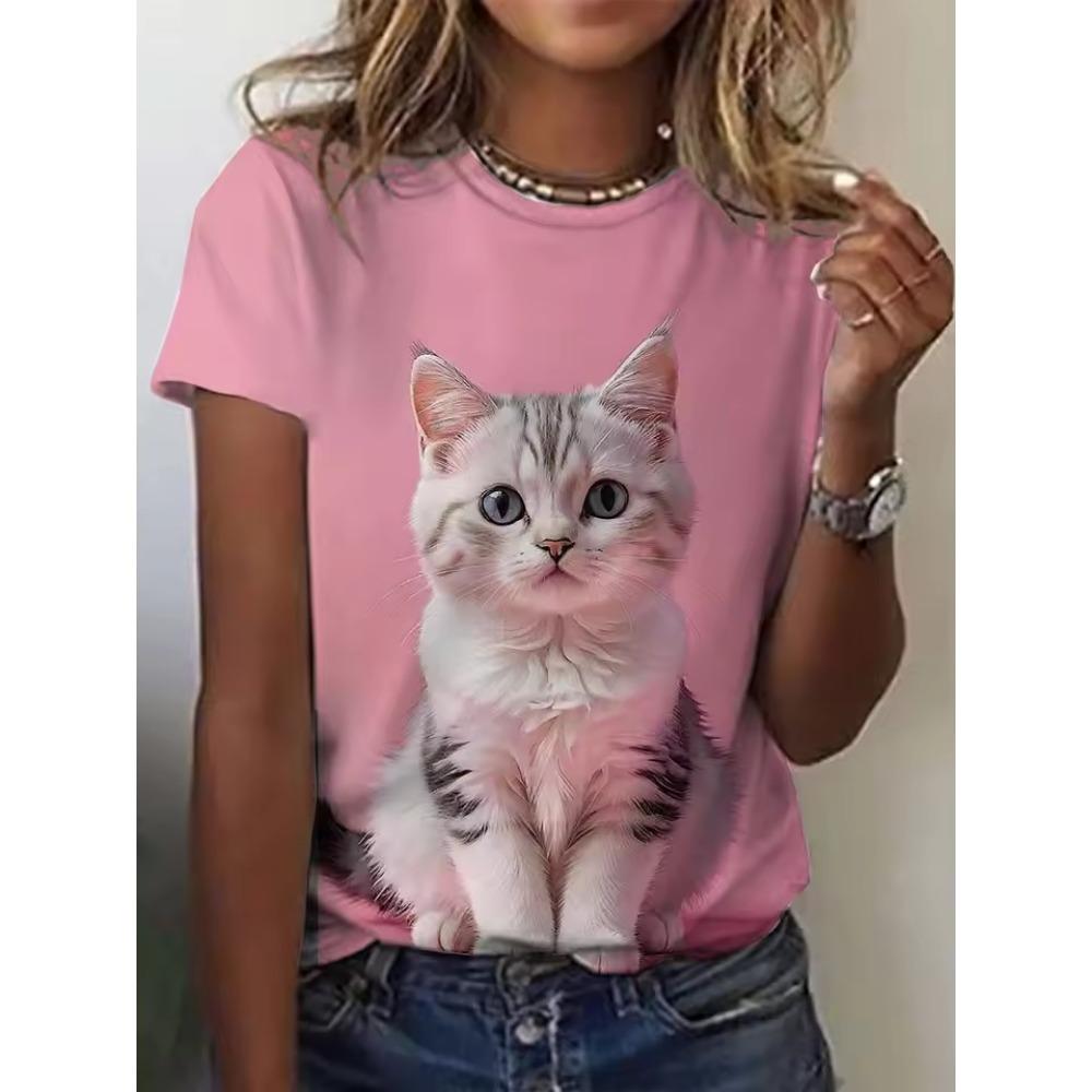 Ladies Summer Fun Cat Printed Large Loose Casual T-shirt Fashionable Comfortable Soft Breathable Short Sleeved T-shirt