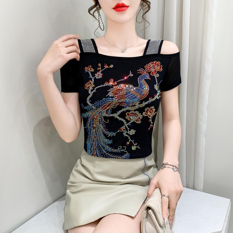 TrendHub Sexy Off Shoulder T Shirt for Women Luxury Flower Diamonds Short Sleeve Tee Summer Fashion Womens Mesh Tee Shirts Top
