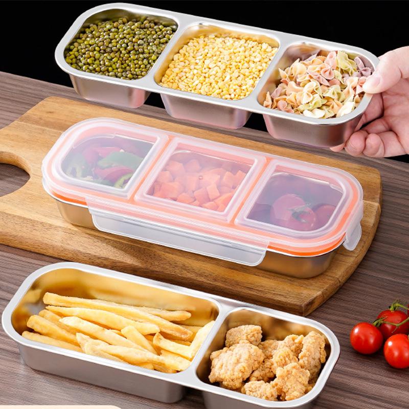 1/2PCS Stainless Steel Snack Box Container With Lid 3 Compartment Reusable Fruit Storage Box Leakproof Lunch Box for School Home
