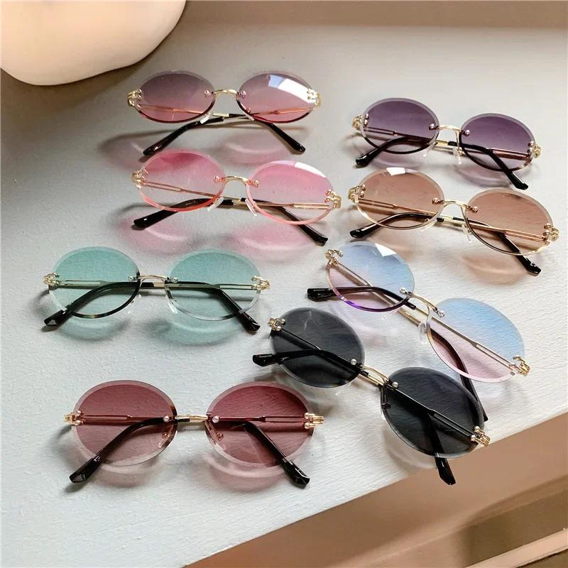 Fashion Female Luxury Design Gradient Sunglasses Women Trendy New Rimless Oval Shape Eyewear Men Outdoor Eye Protection Sun Glasses